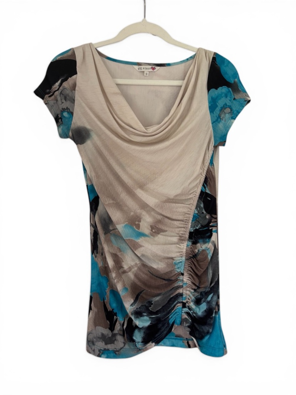 ETC. WOMAN Shortsleeve Turquoise and Brown Watercolor Bias Cut Top Size S